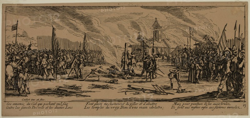 Unknown (French), after Jacques Callot, French, 1592-1635, Le bucher, between late 18th and 19th century, etching printed in black ink on wove paper, Sheet (trimmed within plate mark): 3 1/2 × 7 1/2 inches (8.9 × 19.1 cm)