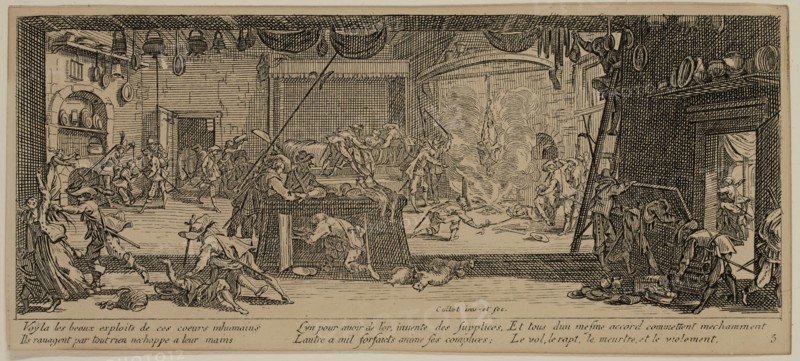 Unknown (French), after Jacques Callot, French, 1592-1635, Le pillage d'une ferme, between late 18th and 19th century, etching printed in black ink on wove paper, Sheet (trimmed within plate mark): 3 3/8 × 7 1/2 inches (8.6 × 19.1 cm)