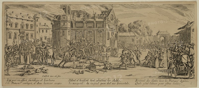 Unknown (French), after Jacques Callot, French, 1592-1635, Devastation d'un monastere, between late 18th and 19th century, etching printed in black ink on wove paper, Sheet (trimmed within plate mark): 3 1/4 × 7 1/2 inches (8.3 × 19.1 cm)