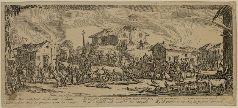 Unknown (French), after Jacques Callot, French, 1592-1635, Pilage et incendie d'un village, between late 18th and 19th century, etching printed in black ink on wove paper, Sheet (trimmed within plate mark): 3 3/8 × 7 1/2 inches (8.6 × 19.1 cm)