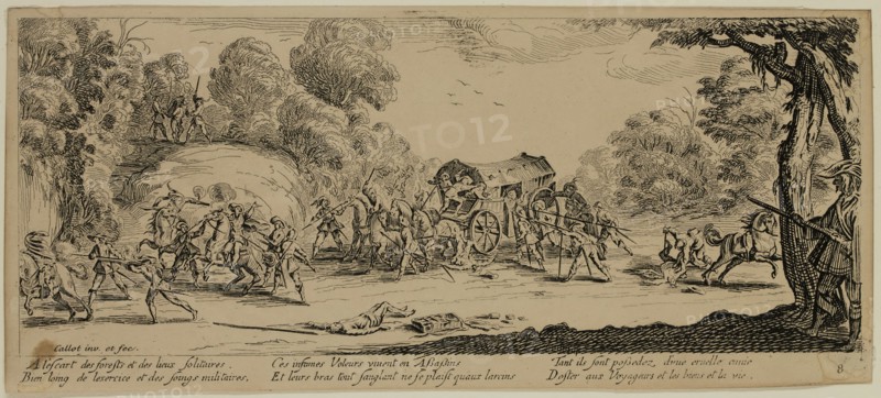 Unknown (French), after Jacques Callot, French, 1592-1635, L'Attaque de la diligence, between late 18th and 19th century, etching printed in black ink on wove paper, Sheet (trimmed within plate mark): 3 1/4 × 7 1/2 inches (8.3 × 19.1 cm)