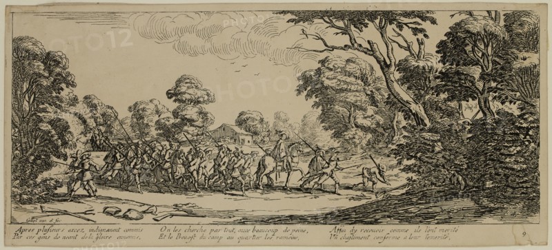 Unknown (French), after Jacques Callot, French, 1592-1635, Decouverte des malfaiteurs, between late 18th and 19th century, etching printed in black ink on wove paper, Sheet (trimmed within plate mark): 3 3/8 × 7 1/2 inches (8.6 × 19.1 cm)