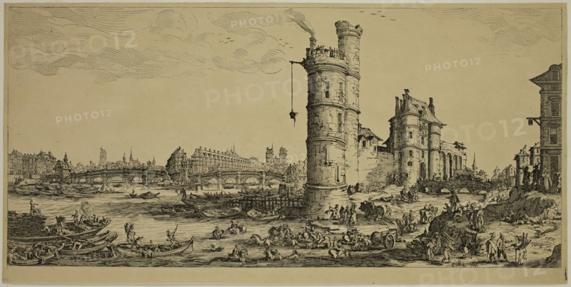 Unknown (French), after Jacques Callot, French, 1592-1635, Vue du Pont-Neuf, between 17th and 19th century, etching printed in black ink on laid paper mounted on wove paper, Sheet (trimmed within plate mark): 6 5/8 × 13 3/8 inches (16.8 × 34 cm)