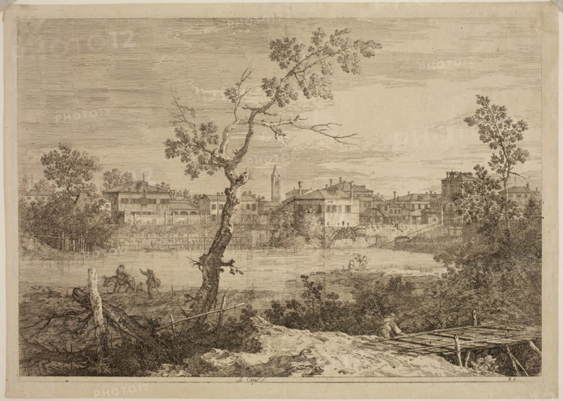 Canaletto, Italian, 1697-1768, View of a Town on a River Bank, between 1735 and 1746, etching printed in black ink on laid paper, Plate: 11 7/8 × 17 inches (30.2 × 43.2 cm)