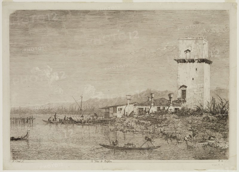 Canaletto, Italian, 1697-1768, The Tower of Malghera, between 1735 and 1746, etching printed in black ink on laid paper, Plate: 11 7/8 × 17 inches (30.2 × 43.2 cm)