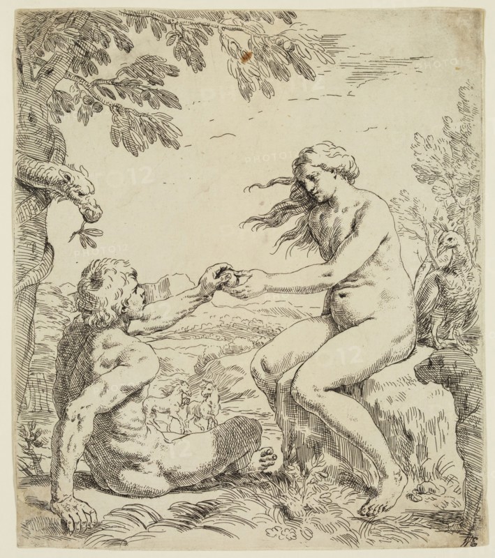 Simone Cantarini, Italian, 1612-1648, Adam and Eve, between 1612 and 1648, etching printed in black ink on laid paper, Plate: 7 3/4 × 6 3/4 inches (19.7 × 17.1 cm)