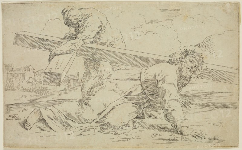Simone Cantarini, Italian, 1612-1648, Carrying of the Cross, between 1612 and 1648, etching printed in black ink on laid paper, Plate: 4 3/4 × 7 3/4 inches (12.1 × 19.7 cm)