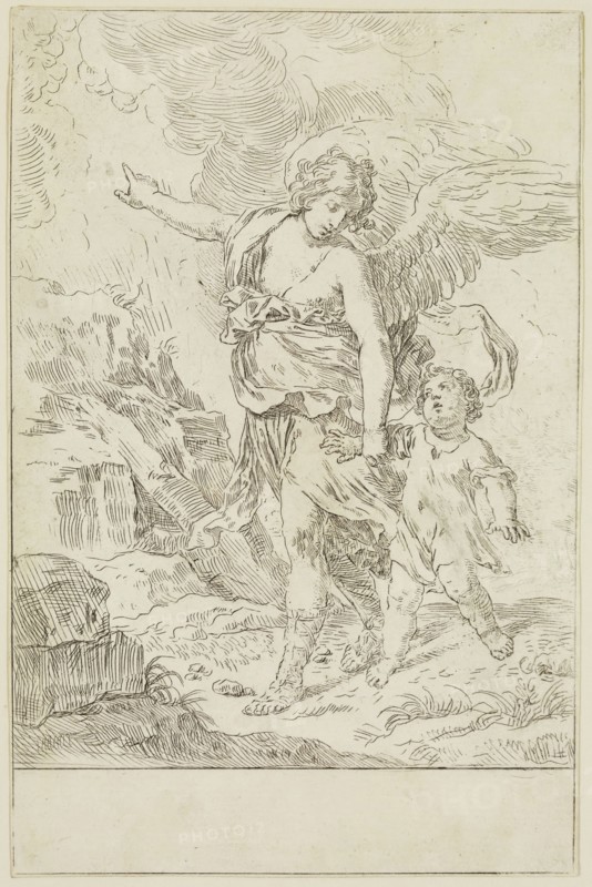 Simone Cantarini, Italian, 1612-1648, Guardian Angel, between 1612 and 1648, etching printed in black ink on laid paper, Sheet (trimmed within plate mark): 7 1/2 × 4 7/8 inches (19.1 × 12.4 cm)