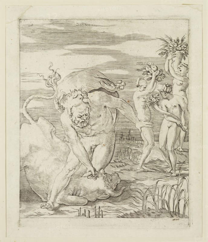 Gian Jacopo Caraglio, Italian, 1500-1570, Hercules Throwing Down Achelons in the Form of a Bull, between 1500 and 1570, engraving printed in black ink on laid paper, Plate: 8 3/4 × 7 1/8 inches (22.2 × 18.1 cm)