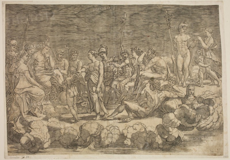 Gian Jacopo Caraglio, Italian, 1500-1570, after Raphael, Italian, 1483-1520, Assembly of the Gods in Olympus to Hear the Complaint of Venus in the Matter o, between 1500 and 1570, engraving printed in black ink on laid paper, Sheet: 14 3/4 × 21 1/8 inches (37.5 × 53.7 cm)
