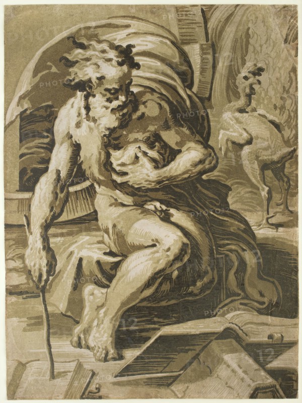 Ugo da Carpi, Italian, 1480-1532, after Parmigianino, Italian, 1503-1540, Diogenes, late 15th century, chiaroscuro woodcut printed in black, brown and two shades of green ink on laid paper, Image and sheet: 18 3/8 × 13 5/8 inches (46.7 × 34.6 cm)