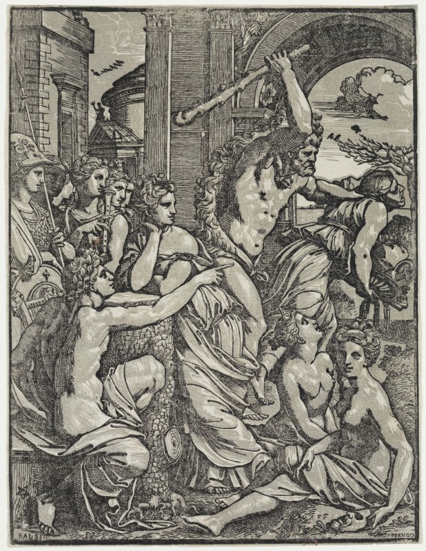 Ugo da Carpi, Italian, 1480-1532, after Baldassare Peruzzi, Italian, 1481-1536, Envy Driven from the Temple of the Muses by Hercules, between 1480 and 1536, chiaroscuro woodcut printed in black and gray ink on laid paper, Image: 11 3/4 × 8 7/8 inches (29.8 × 22.5 cm)