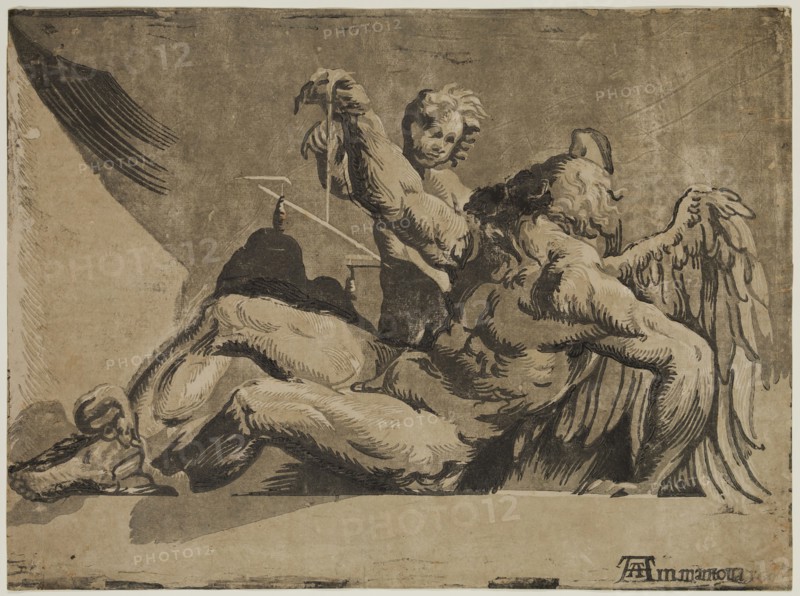 Ugo da Carpi, Italian, 1480-1532, after Il Pordenone, Italian, 1483-1539, Saturn, c. 1604, Chiaroscuro woodcut printed in black, two shades of gray and brown on laid paper, image and sheet: 12 3/4 x 17 1/8 in.