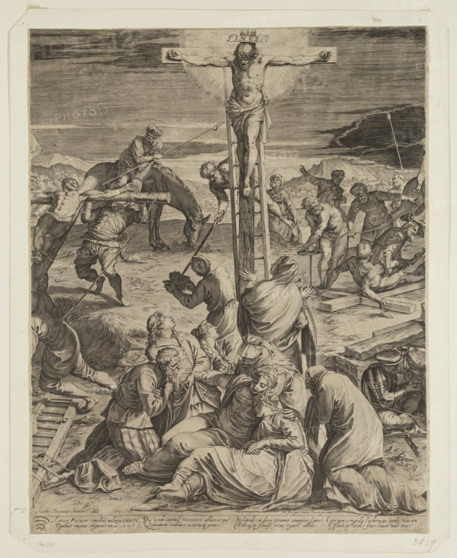 Agostino Carracci, Italian, 1557-1602, after Tintoretto, Italian, 1519-1594, The Crucifixion, 1589, engraving printed in black ink on laid paper, Image (excluding inscription): 19 3/8 × 15 3/4 inches (49.2 × 40 cm)
