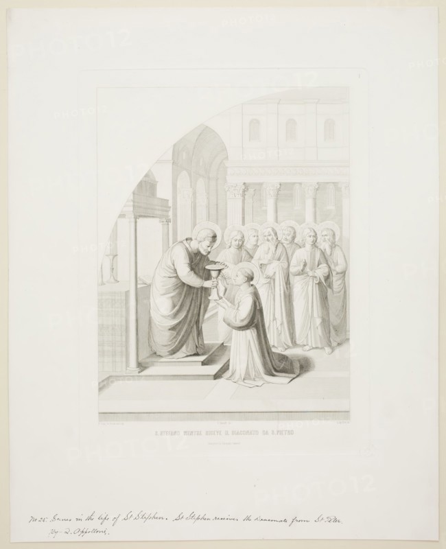 Q. Apolloni, Italian, Saint Stephen Receives the Diaconate from Saint Peter, 19th century, Engraving printed in black ink on wove paper, Plate: 15 7/8 × 11 7/8 inches (40.3 × 30.2 cm)