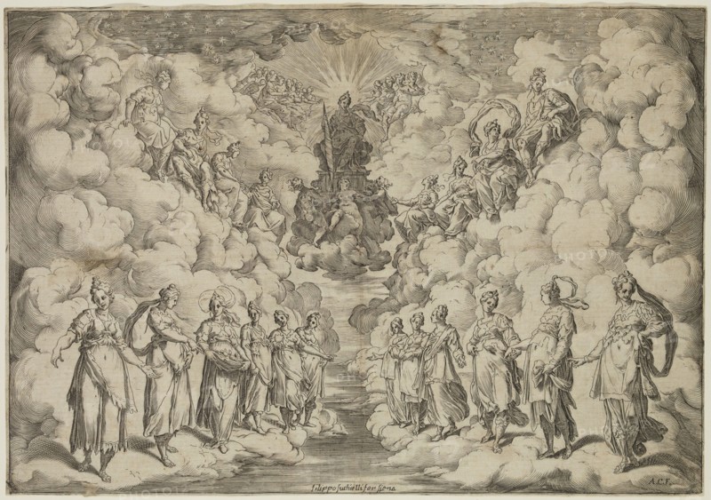 Agostino Carracci, Italian, 1557-1602, after Andrea Boscoli, Italian, after Bernardo Buontalenti, Italian, The Harmony of the Spheres, between 1589 and 1592, etching and engraving printed in black ink on laid paper, Image: 9 1/2 × 13 1/2 inches (24.1 × 34.3 cm)