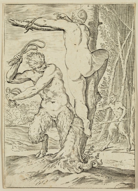 Agostino Carracci, Italian, 1557-1602, Satyr Whipping a Nymph, between 1590 and 1595, engraving printed in black ink on laid paper, Sheet (trimmed within plate mark): 6 × 4 1/4 inches (15.2 × 10.8 cm)