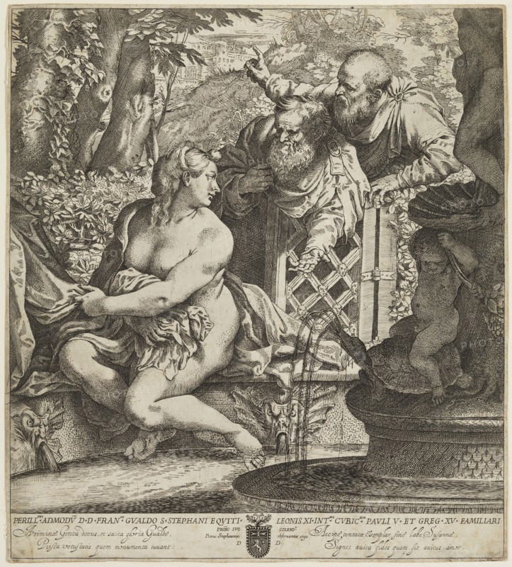 Annibale Carracci, Italian, 1560-1609, Susannah and the Elders, between 1590 and 1595, etching and engraving printed in black ink on laid paper, Image (including inscriptions): 13 5/8 × 12 inches (34.6 × 30.5 cm)