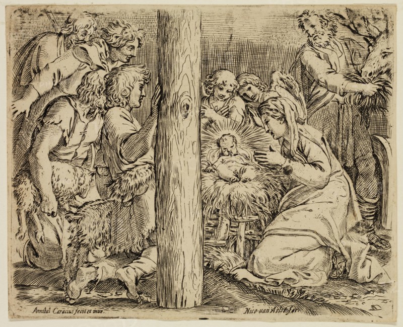 Annibale Carracci, Italian, 1560-1609, Adoration of the Shepherds, ca. 1606, etching and engraving printed in black ink on wove paper, Plate: 4 1/8 × 5 1/8 inches (10.5 × 13 cm)