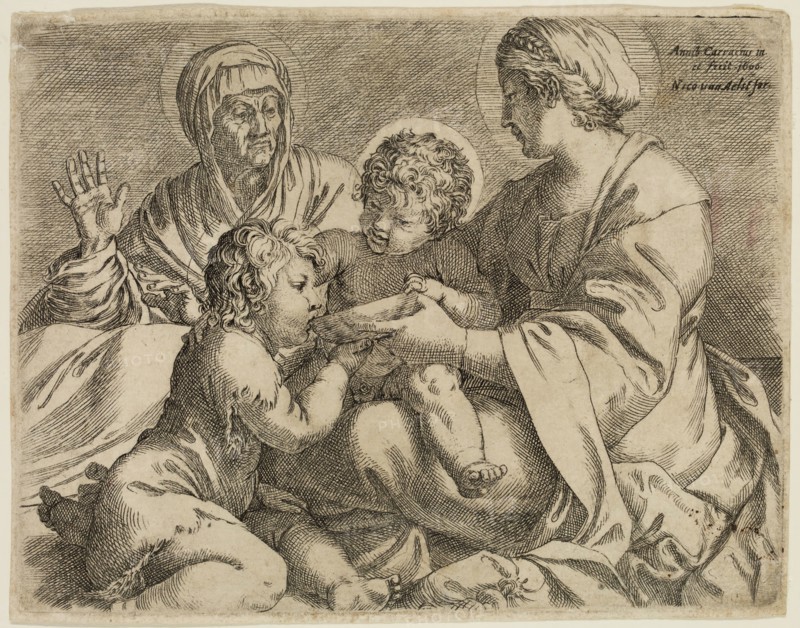 Annibale Carracci, Italian, 1560-1609, Madonna and Child with Saints Elizabeth and John the Baptist, 1606, etching and engraving printed in black ink on laid paper, Plate: 4 7/8 × 6 1/4 inches (12.4 × 15.9 cm)