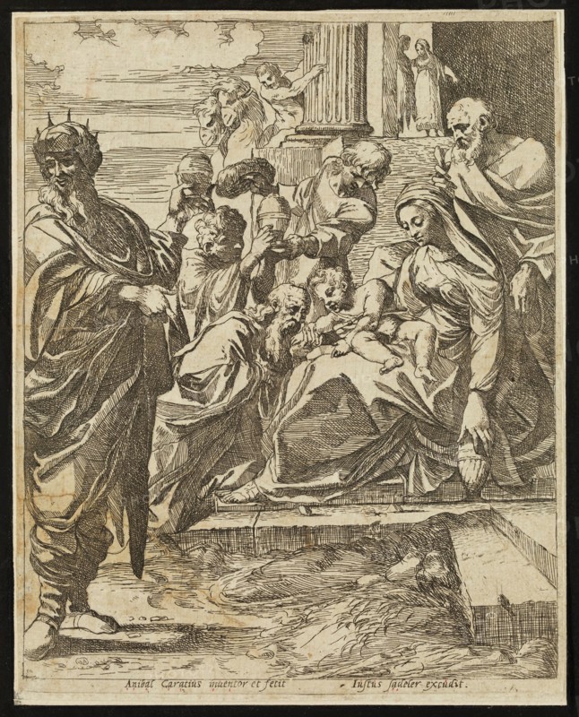 school of Annibale Carracci, Italian, 1560-1609, after Lodovico Carracci, Italian, 1555-1619, Three Kings, 17th century, etching printed in black ink on laid paper, Sheet (trimmed within plate mark): 9 1/8 × 7 1/4 inches (23.2 × 18.4 cm)