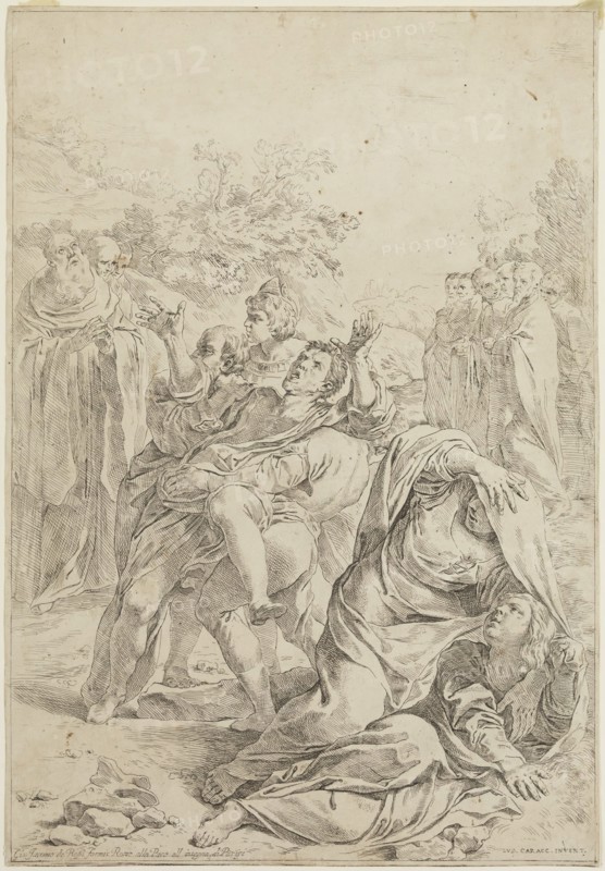 Lodovico Carracci, Italian, 1555-1619, Maniac Presented before the Apostles, between 1555 and 1619, etching printed in black ink on laid (?) paper, Image: 15 3/8 × 10 5/8 inches (39.1 × 27 cm)