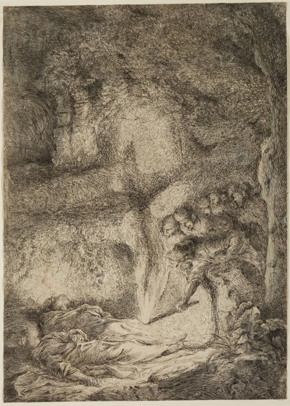 Giovanni Benedetto Castiglione, Italian, 1616 - 1670, Finding of the Bodies of Saint Peter and Saint Paul, 17th century, etching printed in black ink with gray wash on laid paper, Sheet (trimmed within plate mark): 10 7/8 × 7 3/4 inches (27.6 × 19.7 cm)