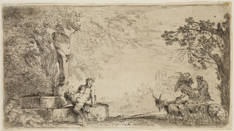 Giovanni Benedetto Castiglione, Italian, 1616 - 1670, Satyr Sitting at the Foot of a Term, 17th century, etching printed in black ink on laid paper, Plate: 4 5/8 × 8 3/8 inches (11.7 × 21.3 cm)