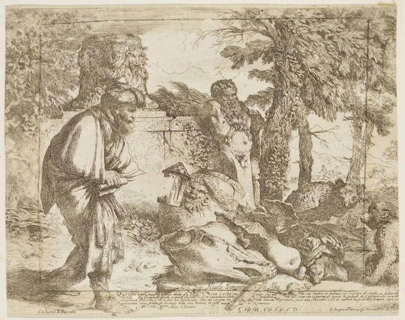 Giovanni Benedetto Castiglione, Italian, 1616 - 1670, Diogenes Searching For an Honest Man, between 1645 and 1647, etching printed in black ink on laid paper, Sheet (trimmed within plate mark): 8 5/8 × 11 inches (21.9 × 27.9 cm)