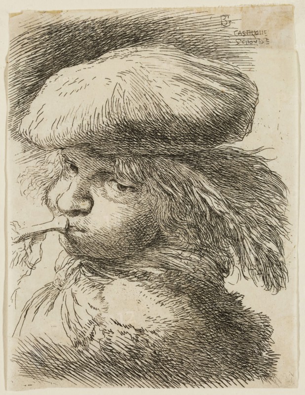 Giovanni Benedetto Castiglione, Italian, 1616 - 1670, Young Man Sounding a Trumpet, Wearing a Flat Cap, 17th century, etching printed in black ink on tissue, Sheet (trimmed within plate mark): 4 1/4 × 3 1/4 inches (10.8 × 8.3 cm)