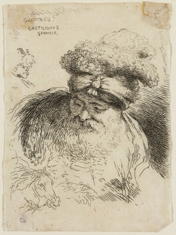 Giovanni Benedetto Castiglione, Italian, 1616 - 1670, Bearded Old Man with Head and Eyes Lowered, Wearing a Turban, 17th century, etching printed in black ink on tissue, Sheet (trimmed within plate mark): 4 3/8 × 3 1/4 inches (11.1 × 8.3 cm)