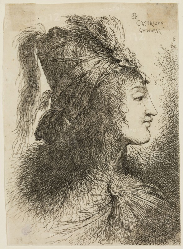 Giovanni Benedetto Castiglione, Italian, 1616 - 1670, Young Woman Wearing a Plumed Turban, Facing Right, 17th century, etching printed in black ink on tissue, Sheet (trimmed within plate mark): 4 3/8 × 3 1/4 inches (11.1 × 8.3 cm)
