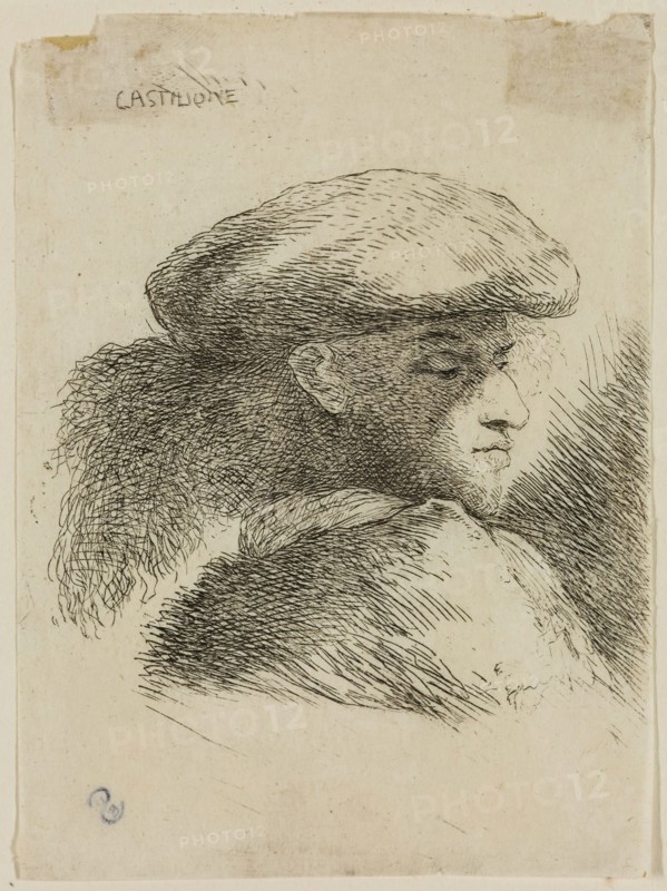 Giovanni Benedetto Castiglione, Italian, 1616 - 1670, Young Man with His Eyes Lowered, Wearing a Cap Ornamented with Plumes, Facing Right, 17th century, etching printed in black ink on tissue, Sheet: 4 3/8 × 3 1/4 inches (11.1 × 8.3 cm)