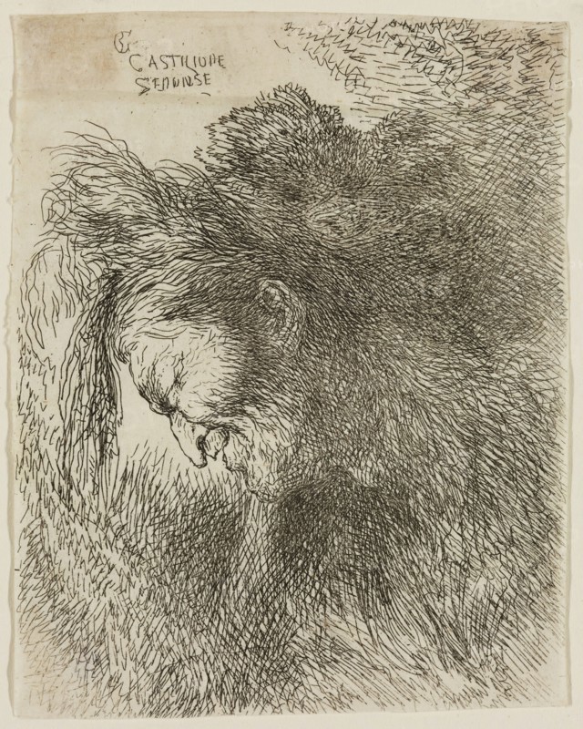 Giovanni Benedetto Castiglione, Italian, 1616 - 1670, Old Man Wearing a Fur Cap, Facing Left, 17th century, etching printed in black ink on tissue, Sheet (trimmed within plate mark): 4 × 3 1/4 inches (10.2 × 8.3 cm)