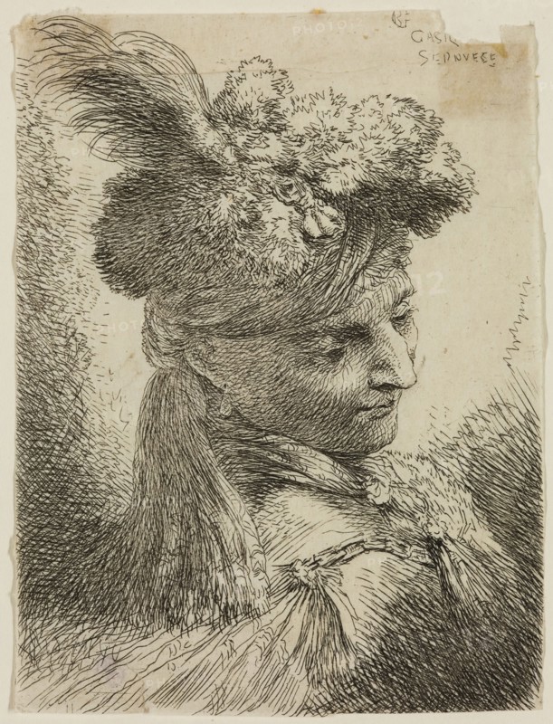 Giovanni Benedetto Castiglione, Italian, 1616 - 1670, Young Man Wearing a Fur Headdress with a Headband, Facing Right, 17th century, etching printed in black ink on tissue, Sheet (trimmed within plate mark): 4 1/4 × 3 1/8 inches (10.8 × 7.9 cm)