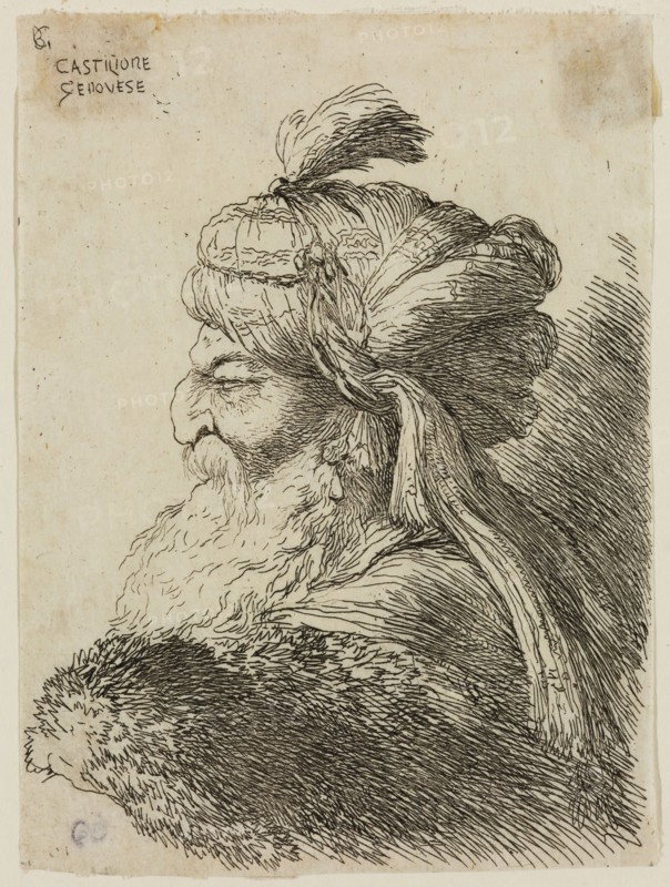 Giovanni Benedetto Castiglione, Italian, 1616 - 1670, Bearded Old Man Wearing a Turban Ornamented with a Small Plume, Facing Left, 17th century, etching printed in black ink on tissue, Sheet (trimmed within plate mark): 4 3/8 × 3 1/4 inches (11.1 × 8.3 cm)