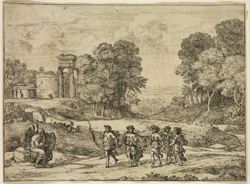Claude Gellée, French, 1600-1682, Apollo and the Seasons Dancing to the Music of a Harp Played by Time, 1662, etching printed in black ink on laid paper, Image: 7 1/4 × 9 3/4 inches (18.4 × 24.8 cm)