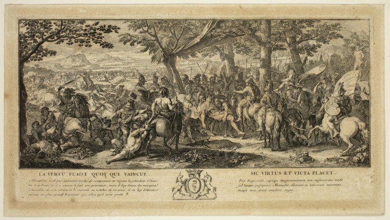 Sébastien Le Clerc, French, 1637-1714, after Charles Le Brun, French, 1619-1690, Alexander Pities the Misfortunes of King Porus and Recieves Him as a Friend, between 1637 and 1714, etching printed in black ink on laid paper, Plate: 5 5/8 × 11 inches (14.3 × 27.9 cm)