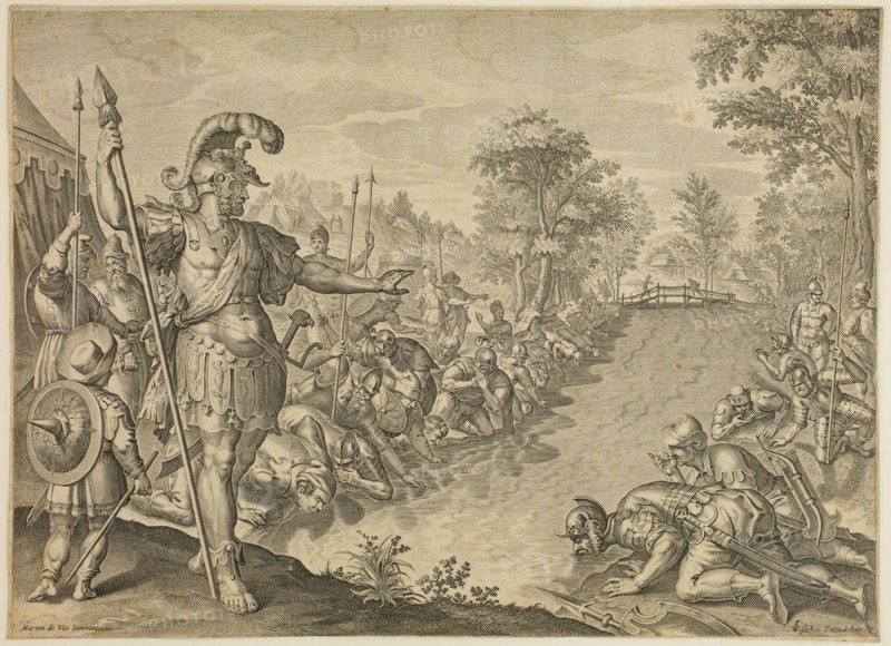 after Marten de Vos, Netherlandish, 1532-1603, Gideon Separating His Army by the Drinking Test, mid-16th century, engraving printed in black ink on laid paper, Sheet (trimmed within plate mark): 14 5/8 × 20 1/8 inches (37.1 × 51.1 cm)