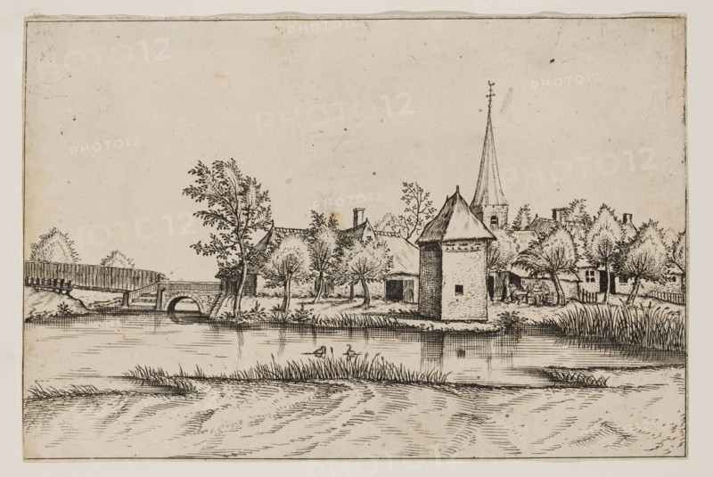Jan Duetecum, Dutch, Landscape No. 14, ca. 1561, etching printed in black ink on laid paper, Sheet (trimmed within plate mark): 5 1/4 × 7 7/8 inches (13.3 × 20 cm)