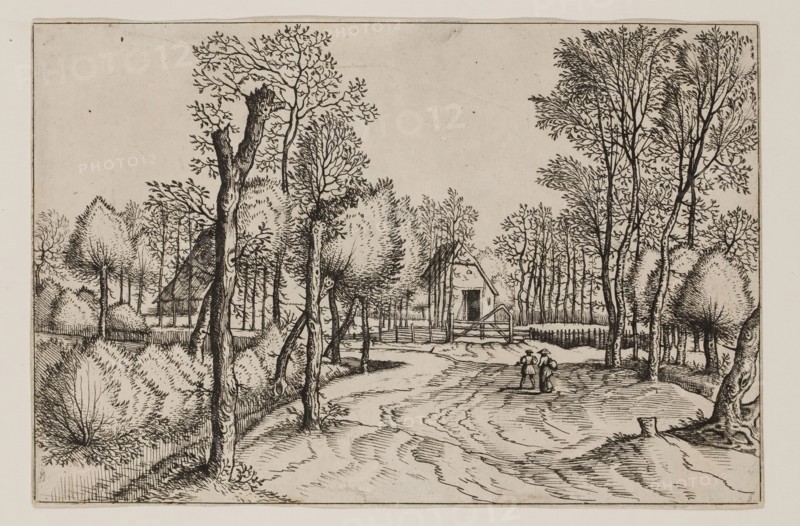 Jan Duetecum, Dutch, Landscape No. 2, ca. 1561, etching printed in black ink on laid paper, Sheet (trimmed within plate mark): 5 3/8 × 8 inches (13.7 × 20.3 cm)