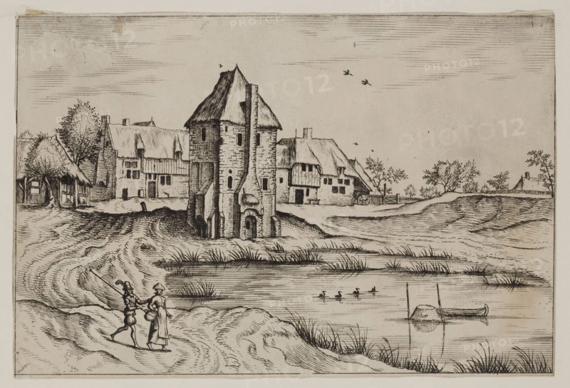 Jan Duetecum, Dutch, Landscape No. 8, ca. 1561, etching and engraving printed in black ink on laid paper, Sheet (trimmed within plate mark): 5 3/8 × 8 inches (13.7 × 20.3 cm)