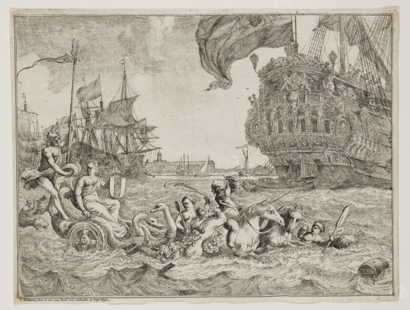 Ludolf Backhuysen, Dutch, 1630-1708, Neptune Drawn by a Sea Horse and a Unicorn, between 1630 and 1708, etching printed in black ink on laid paper, Plate and sheet: 7 3/4 × 10 1/4 inches (19.7 × 26 cm)