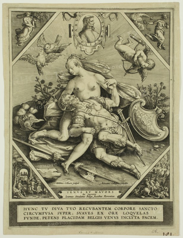 Johannes Collaert, Netherlandish, 1540-1622, after Jan van der Straet, Netherlandish, 1523-1605, Venus and Mars, between 1540 and 1622, engraving printed in black ink on laid paper, Plate: 9 5/8 × 7 1/8 inches (24.4 × 18.1 cm)