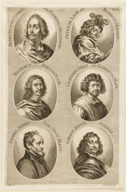 Richard Collin, Flemish, 1627-1697, after Jacob von Sandrart, German, 1630-1708, F. de Quenoi, Peter de Laer, Nicolas Poussin, Claude Lorraine, D. Segers, J. B Mahler, late 17th century, engraving printed in black ink on laid paper, Plate: 12 5/8 × 8 1/8 inches (32.1 × 20.6 cm)