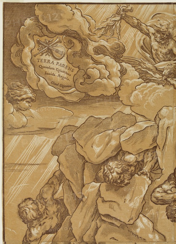 Bartolomeo Coriolano, Italian, 1599-1676, after Guido Reni, Italian, 1575-1642, Jupiter Overwhelming the Giants, 1647, chiaroscuro woodcut printed in three shades of brown ink on laid paper, Image: 17 3/8 × 12 1/4 inches (44.1 × 31.1 cm)