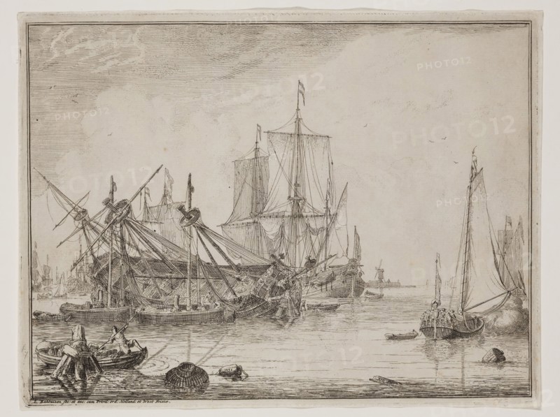 Ludolf Backhuysen, Dutch, 1630-1708, Seascape with an Anchored Ship, 1701, etching and engraving printed in black ink on laid paper, Plate: 7 1/8 × 9 3/8 inches (18.1 × 23.8 cm)