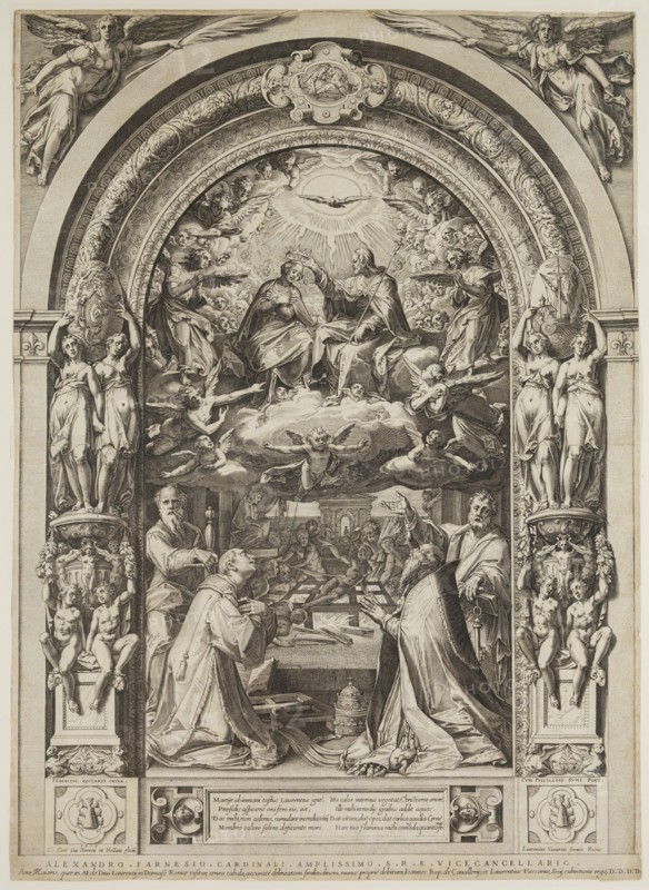 Cornelis Cort, Netherlandish, 1533-1578, after Federico Zuccaro, Italian, The Crowning of the Virgin, Saints Lawrence, and Sixtus, 1576, engraving printed in black ink on laid paper, Sheet (trimmed within plate mark): 23 3/8 × 16 7/8 inches (59.4 × 42.9 cm)