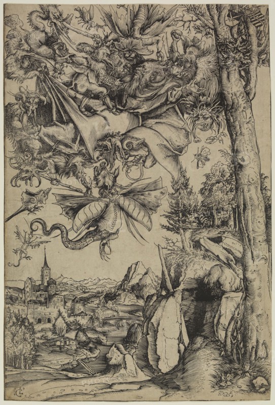 Lucas Cranach the Elder, German, 1472-1553, Temptation of Saint Anthony, 1506, woodcut printed in black ink on laid paper, Sheet (trimmed to image edge): 15 7/8 × 10 5/8 inches (40.3 × 27 cm)