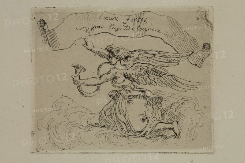 Eugène Delacroix, French, 1798-1863, Ange agenouille sur des nuages, 1833, etching printed on chine collé, Plate: 2 5/8 × 3 3/8 inches (6.7 × 8.6 cm)